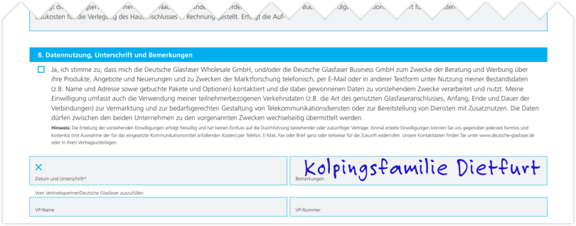 Glasfaser Bestellformular