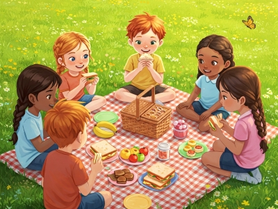 Kinder beim Picknick im Comic-Stil