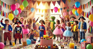 Kostümierte Kinder auf einer Faschingsparty mit Luftballons und Girlanden. KI-Generiert