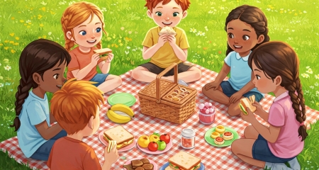 Kinder beim Picknick im Comic-Stil